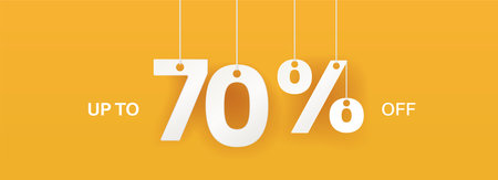 70 percent off banner. Hanging big numbers. Discount offer. Wide yellow banner. Vector illustration.のイラスト素材
