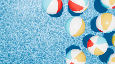 Summer holidays banner. Swimming pool top view. Beach ball in the empty clear pool.