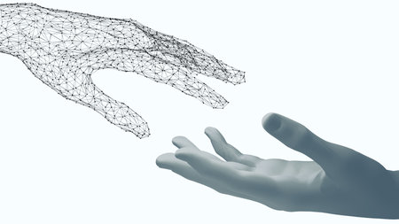 A symbolic image depicting a human hand and an AI-powered network hand reaching out to connect, showcasing the union of humanity and advanced technology in a futuristic digital world. 3d renderingの写真素材