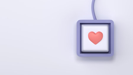 A close-up of a computer keyboard with a red heart symbol on one key. The button represents love,...