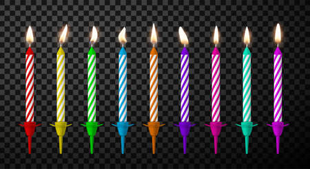 Candles glowing, burning for birthday cake are in candlesticks realistic set.のイラスト素材