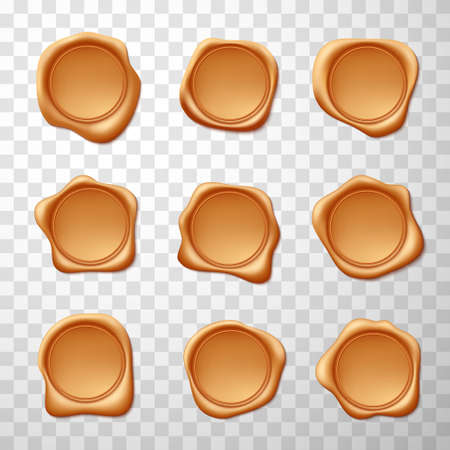 Wax seals in bronze color samples, templates set. Copy space. Round empty postal stamps.のイラスト素材