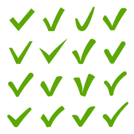 Check mark green icons set isolated on white. Ticks for questionnaire, checklist, must to do, task list.のイラスト素材