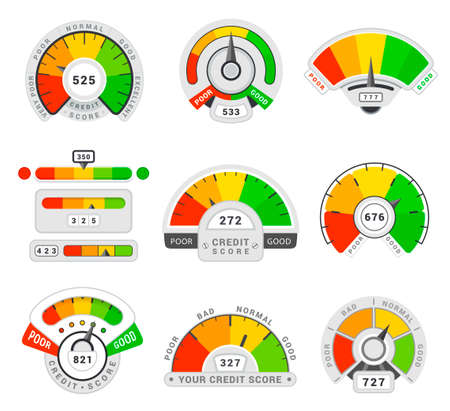 Credit score indicators, ranges, gauges set. Loan level measurement, financial pressure display.のイラスト素材
