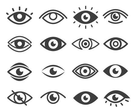 Eyes in different styles bold black silhouette icons set isolated on white. Vision test, lenses pictograms.のイラスト素材