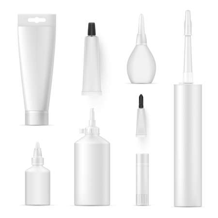 Glue packaging assortment white realistic mockups. Adhesive, mucilage or paste containers.のイラスト素材
