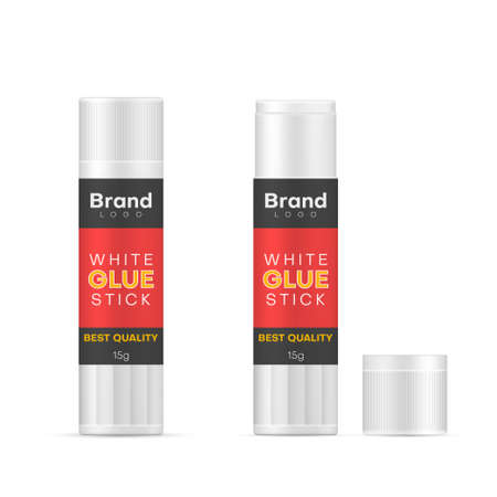 Glue sticks with open and closed lids, adhesive realistic mockups set. Ready design for you brand.のイラスト素材
