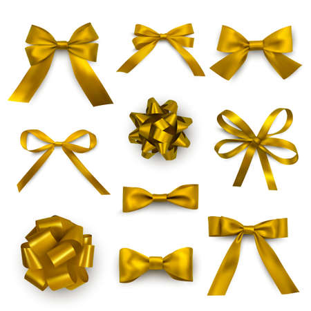 Gold bows with two, four or more loops in different style. Decorations with thin and wide ribbons.のイラスト素材