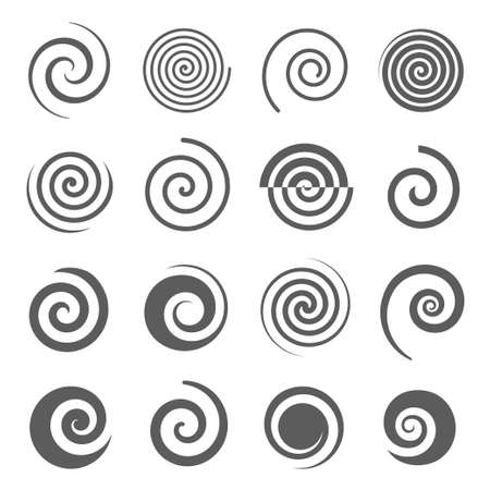 Spiral, helix line and bold black silhouette icons set isolated on white. Curl, curve stripe, twirl pictograms collection. Vortex, whirlpool, volute, swirl vector elements for infographic, web.のイラスト素材