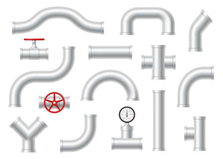 Pipes steel plumbing of various shapes assortment realistic set. Aluminium tubes.のイラスト素材