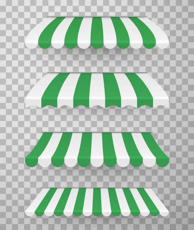 Awnings different design realistic set with white, green stripes. Overhangs, coverings.のイラスト素材