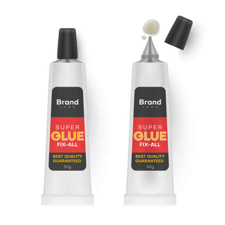 Tubes of glue with open and closed lids realistic mockups ready for your brand design. Adhesive packaging.のイラスト素材