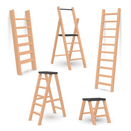 Ladders and stepladders wooden household equipment realistic set. Staircase, stairway.のイラスト素材