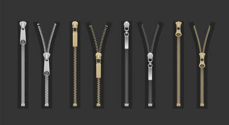 Zipper, fly, dingy or zip fastener for clothes open, closed realistic set. Tailor metal accessories.のイラスト素材