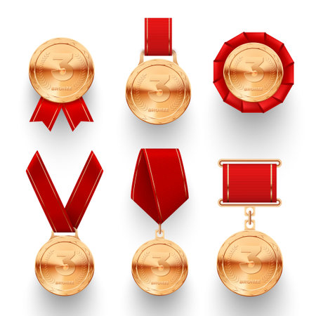 Bronze medals in different versions realistic set. Third place finisher metal awards.のイラスト素材