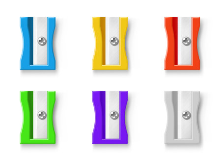Sharpeners coloured plastic realistic icon set. Pencils cutters. School stationery. Office supplies.のイラスト素材