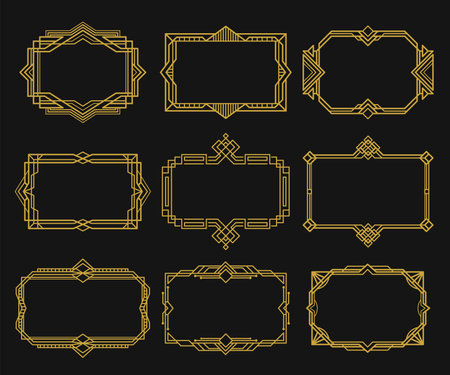 Art deco frames gold set. Decorative ornamental borders. Geometric luxury empty horizontal templates.のイラスト素材
