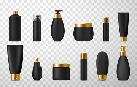 Cosmetic, perfumes packaging black luxury design realistic set. Bottles, tubes, flacons mockups.のイラスト素材
