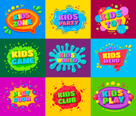 Kids zone, toy, party, game, world, menu, club, play room bright banner, poster, flyer set.のイラスト素材