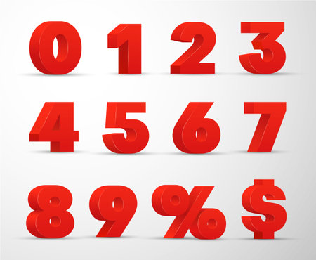 3D red numbers, percent, dollar sign set. Volumetric digits from zero to nine.のイラスト素材