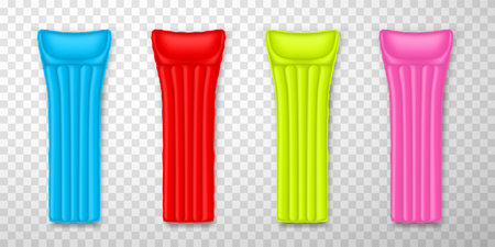 Air mattresses realistic set. Inflatable airbeds. Floating mats for outdoor recreation.のイラスト素材