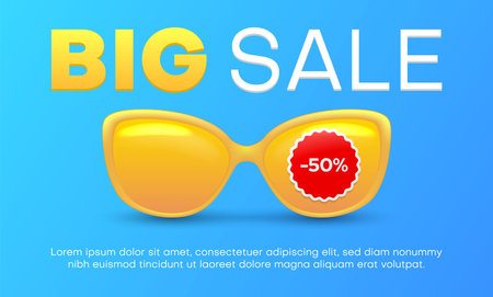 Big sale summer banner with sunglasses. 50 percent off discount, price reduction poster template.のイラスト素材