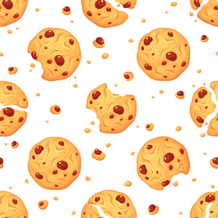 Oatmeal cookies, whole and bitten, crumbs seamless pattern. Dessert, pastry, sweets.のイラスト素材