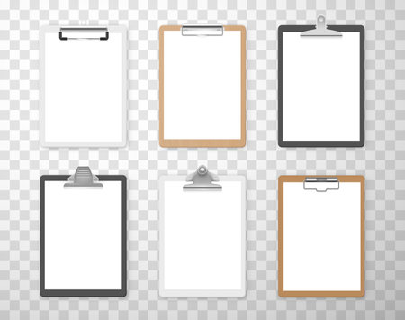 Clipboards with empty white paper sheets for business, education realistic set. Documents holders.のイラスト素材