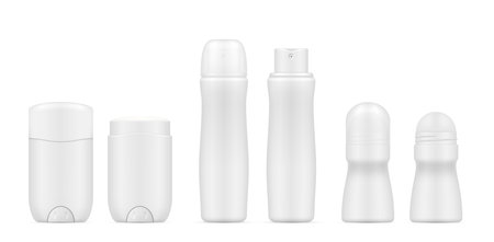Antiperspirant bottles different design realistic blank templates set. Deodorant roll-on, pump mockups.のイラスト素材