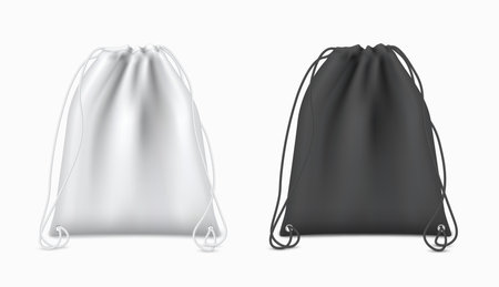 Drawstring backpacks white, black design with ropes for sport, hiking, students realistic mock ups set.のイラスト素材