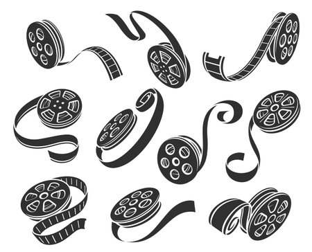 Film reel bold black silhouette icons set isolated on white. Filmmaking gear, cinematography supplies.のイラスト素材
