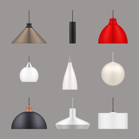 Lamps hanging different design realistic set. Pendant luminaires, chandeliers, electroliers.のイラスト素材
