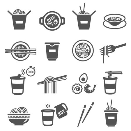 Instant noodles, utensils for eating, cooking bold black silhouette and line icons set isolated on white.のイラスト素材