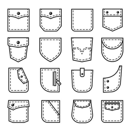 Patch pockets with and without buttons, zipper, rivets line icons set isolated on white.のイラスト素材