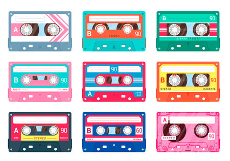Audio or compact cassettes colorful set. Retro music symbol collection. Magnetic tape.のイラスト素材