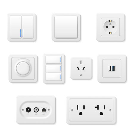 Sockets, light switches, outfits different design realistic set. Electrical supplies, panels.のイラスト素材