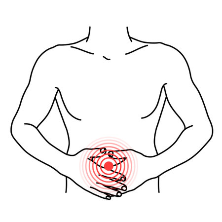 Abdominal pain minimal medical outline poster. Red spot showing disease location. Stomach ache.のイラスト素材