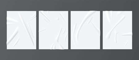 White paper glued realistic mockups set. Wrinkled, crumpled vertical posters. Copy space.のイラスト素材