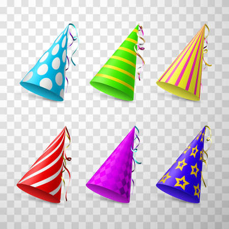 Party hats realistic set. Festive, birthday caps. Multicolor holiday headdress.のイラスト素材