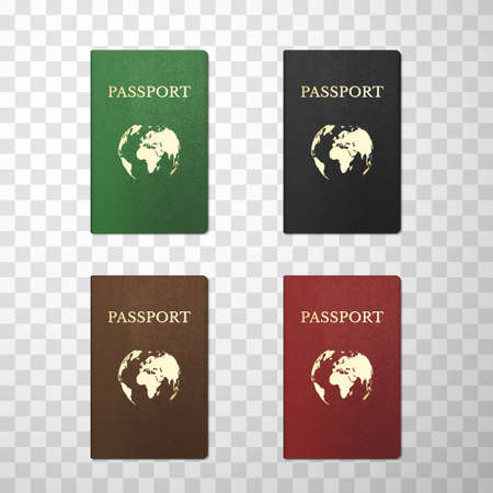 Passport covers in green, brown, black, red colours realistic set. Front side. Official papers, documents.のイラスト素材