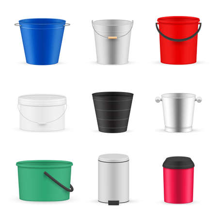 Buckets plastic, metal assortment realistic set. Pail, rubbish waste bin, container.のイラスト素材