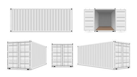 Shipping cargo containers with open, closed doors realistic set. Large intermodal steel freight boxes.のイラスト素材
