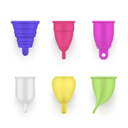 Menstrual cups for women multicolor variety realistic set. Protective non-leakable devices for emmenia.のイラスト素材