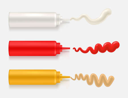 Fast food sauces plastic containers realistic mock ups set. Squeeze bottles templates.のイラスト素材