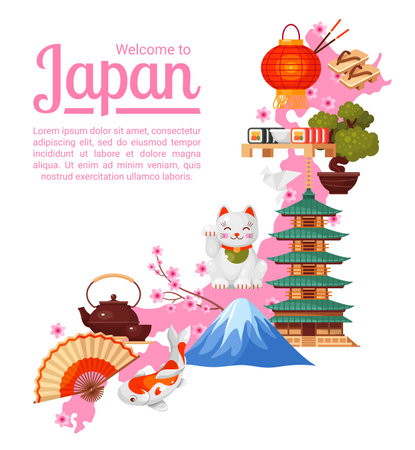 Japan map for web, travel banner. Japanese landmarks, sightseeing attractions poster, flyer.のイラスト素材