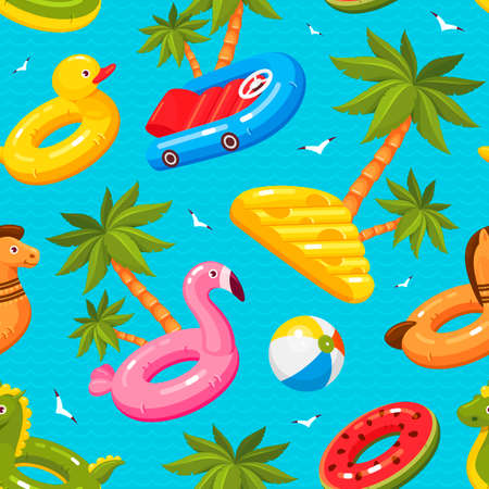 Swimming summer seamless pattern with palm trees, seagulls, inflatable rings.のイラスト素材