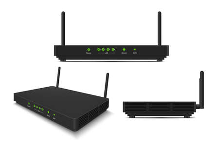 Collection of realistic internet router isometric vector illustration wireless wi fi switch networkのイラスト素材