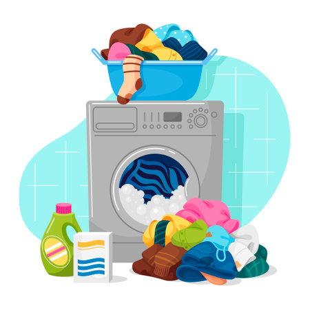 Washing machine dirty linen vector flat cartoon illustration. Household laundry serviceのイラスト素材