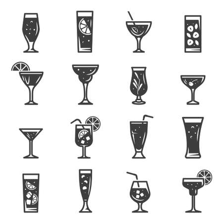 Cocktails assortment bold black silhouette icons set isolated on white. Summer beverages in glass cup.のイラスト素材
