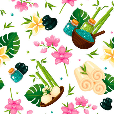 Spa supplies seamless pattern. Massage stones, towels, sea salt bottles, flowers wrapping paper.のイラスト素材